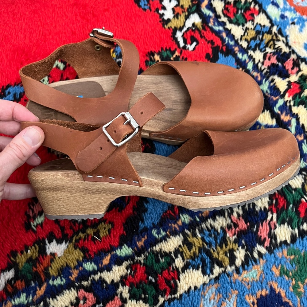 MIA Swedish Leather Mule Clogs with Wooden Sole and Metallic Buckle